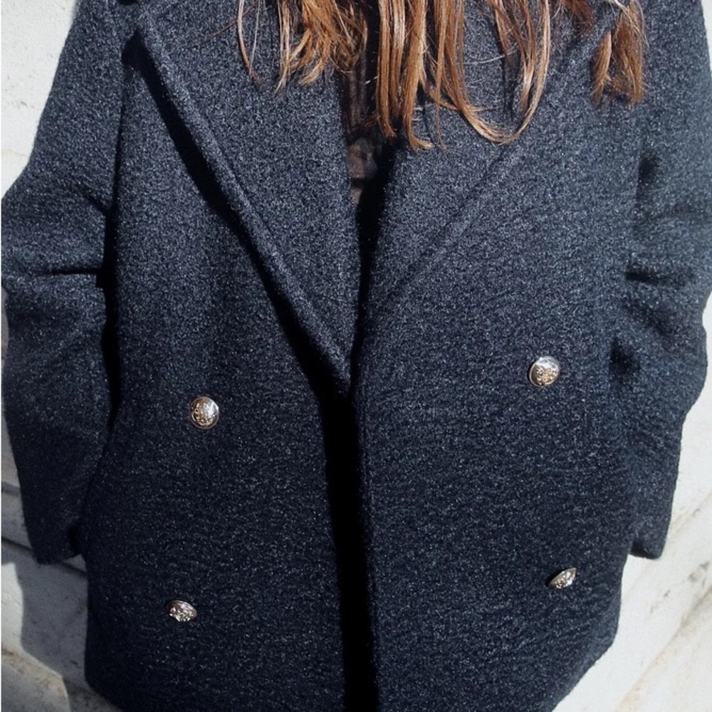 NWT Zara Double-Breasted Bouclé Coat in Navy Blue -